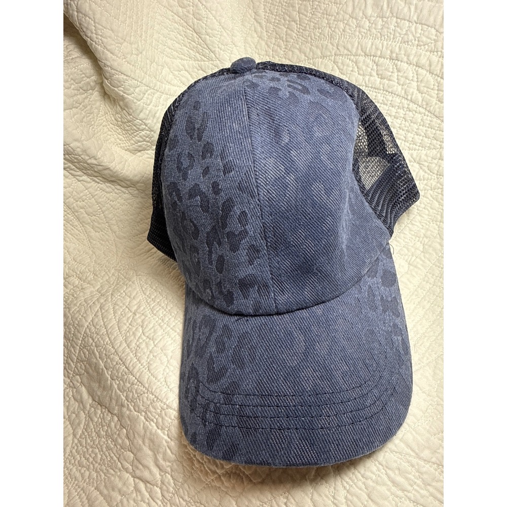 Womens Leopard Print Trucker Hat Blue High Ponytail Mesh Back Baseball Cap
